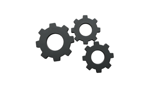 Three gray interlocking gears float against a black background, conveying machinery