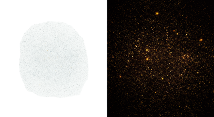 Abstract digital art, vertical split: left, soft white/light blue particles on transparent; right, dense gold/copper glitter on deep black, showcasing elegant contrast concept