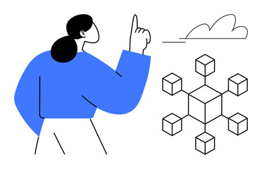 Woman gestures towards a network of connected cubes, symbolizing communication, innovation, and interconnected systems. Ideal for technology, networking, data, collaboration, cloud computing