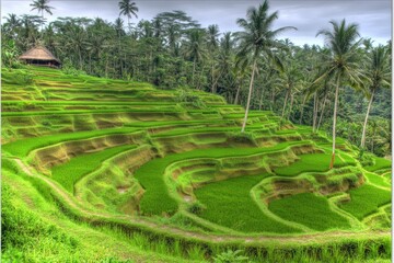 Lush terraced rice paddies, lush green, and palm trees (1)