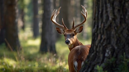 Obraz premium Majestic deer with tall antler standing in lush forest clearing while sunlight filters through trees creating serene wildlife scene in nature