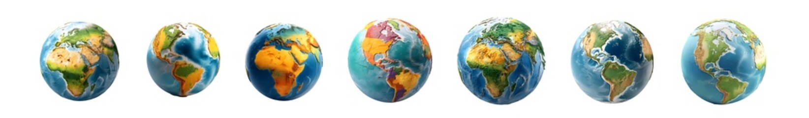 Fototapeta premium Set of seven stylized planet Earth globes in a row.