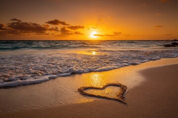 Golden sunset paints the beach, a heart drawn in the sand, waves gently caress the shore