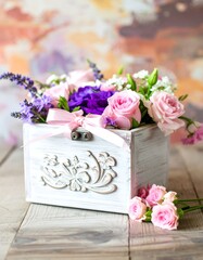 Delicate floral arrangement in a decorative box