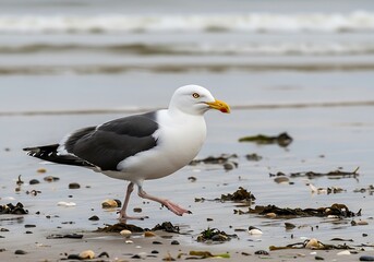Great Black-Backed Gull Walking on a Sandy Beach.