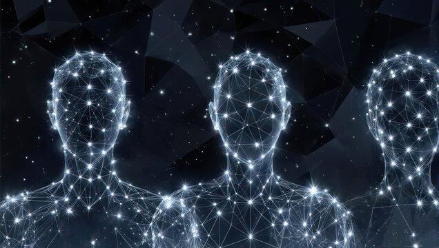 Digitized three human forms with glowing network connections against abstract dark shapes background