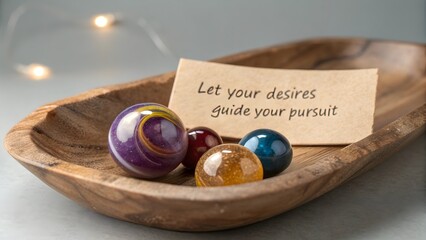 Marble glass spheres within a wooden bowl with an inspiring message
