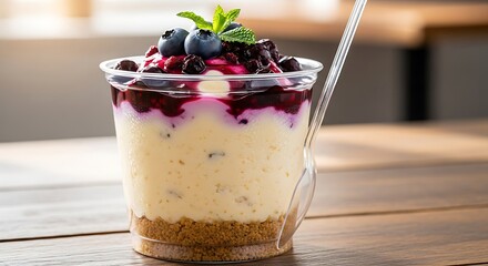 Delicious Blueberry Cheesecake Parfait in a Cup with Mint Garnish.