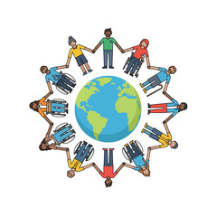 Diverse People Holding Hands Around Globe Vector