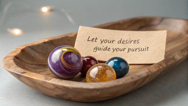 Marble glass spheres within a wooden bowl with an inspiring message