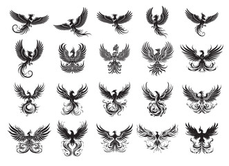 Obraz premium Vector of an epic collection of Phoenix birds in flight with intricate, fiery tails, ideal for mythical, reborn, and strong brand designs. Birds.