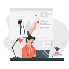 Student Studying Online With Laptop Wearing Orange Hoodie And Glasses Attending Virtual Class With Teacher Presenting Financial Graph On Screen Light Desk Lamp And Cactus Plant On Desk