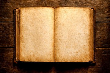 Old open book with blank yellowed pages. Vintage antique book on a wooden surface. Empty parchment pages of an ancient journal