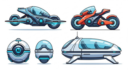 Futuristic vehicles concept art featuring flying car, motorcycle, pod and ai robot transport design