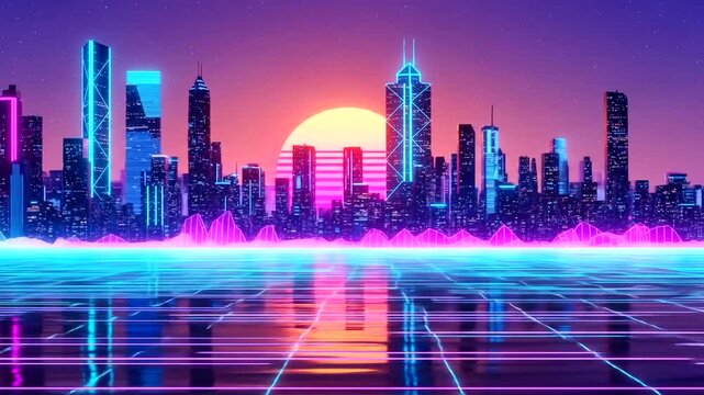 Futuristic city skyline at sunset with vibrant neon colors and reflective water, evoking a digital utopia