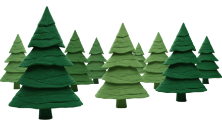 Abstract christmas trees in distinct rows, vibrant deep green foreground, muted green background, jagged hand-drawn textures, transparent background, modern festive holiday design concept