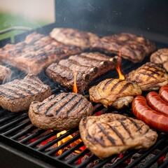 Grilling Meats - Steaks, Sausages, and Ribs on a Charcoal Grill.