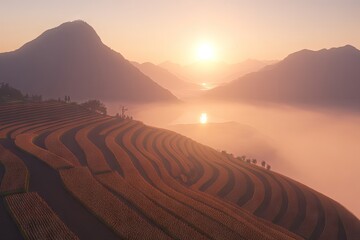 Sunrise over terraced rice paddies, misty mountains