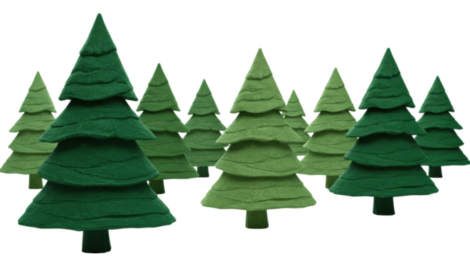 Abstract christmas trees in distinct rows, vibrant deep green foreground, muted green background, jagged hand-drawn textures, transparent background, modern festive holiday design concept