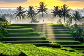Obraz premium Lush terraced rice paddies at sunrise, palm trees silhouettes