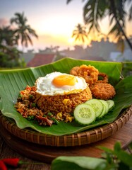 Indonesian fried rice with egg, fried chicken and vegetables