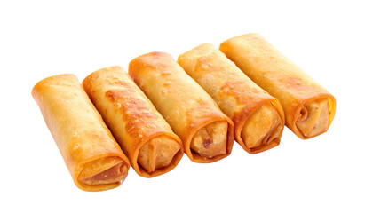 Five golden-brown, cylindrical food rolls, evenly spaced, against a transparent background