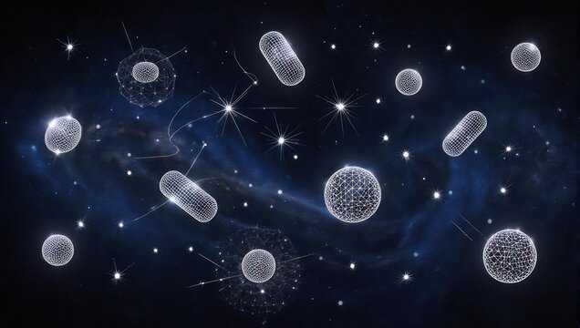 Digital rendering featuring floating microscopic entities against a cosmic nebulous background