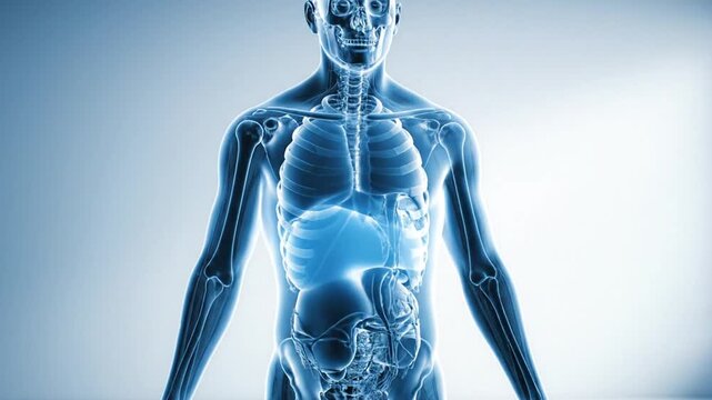 Radiant Blue Digital Rendering Of Transparent Human Body Anatomy Displaying Internal Organs On A Light Blue Backdrop With Light Play