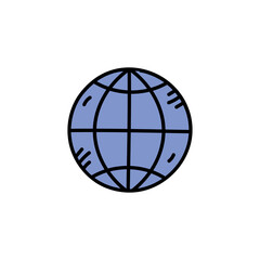 Stylized blue globe with black grid lines and white highlights set against a clean white background symbolizing global connection and education with a simple artistic rendering