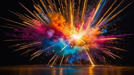 Vibrant colorful fireworks exploding in dark night sky over water