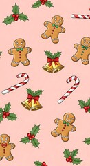 Festive Christmas Pattern with Gingerbread Men, Bells, and Holly.