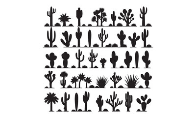 A bold collection of cactus and succulent silhouettes featuring desert plants and minimal botanical shapes. Perfect for logo design, wall art, prints, and digital creative projects.