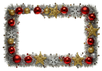 A precisely rectangular frame, sparkling silver tinsel texture, adorned with red christmas baubles, silver snowflakes, gold stars, on transparent background, copy space, concept for festive holiday