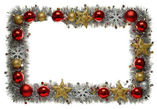 A precisely rectangular frame, sparkling silver tinsel texture, adorned with red christmas baubles, silver snowflakes, gold stars, on transparent background, copy space, concept for festive holiday