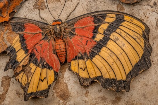 Close-up of a faded, damaged butterfly with orange-red and yellow wings