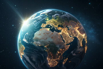 Glowing 3d planet earth digital render with futuristic sci fi cinematic details