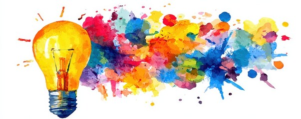 A vibrant watercolor illustration featuring a light bulb emitting colorful splashes, symbolizing creativity and ideas.