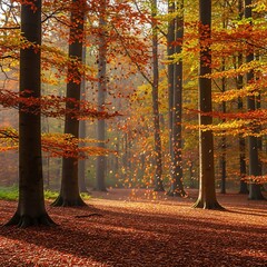 Autumnal Forest Scene with Golden Leaves and Sunlight.