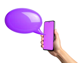 A hand holds a phone with a purple screen and speech bubble on a black bg