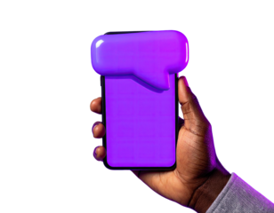 A hand holds a phone with a glowing purple chat bubble on a black background