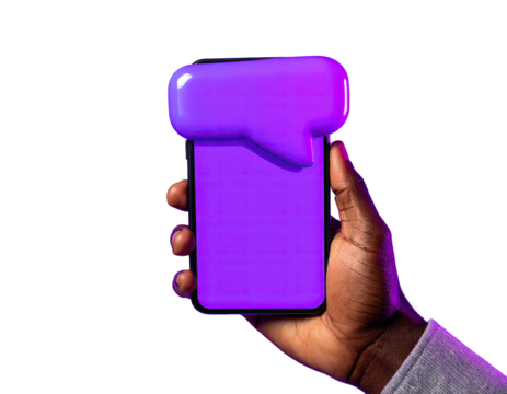 A hand holds a phone with a glowing purple chat bubble on a black background