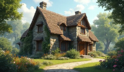 Enchanting stone cottage nestled amidst lush green gardens and vibrant wildflowers under a bright blue sky