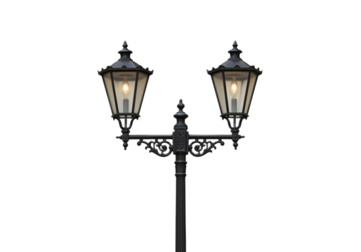 Vintage Ornate Street Lamp Post with Two Glowing Lanterns  Urban Lighting Element