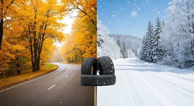 A dramatic seasonal transition split showing a stack of tires between warm autumn asphalt and cold snowy winter road
