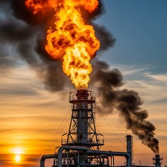 Industrial Flare Stack Burning Off Excess Gas at Sunset.