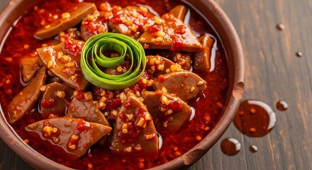 Spicy Liver Dish with Chili Sauce and Green Onion Garnish.