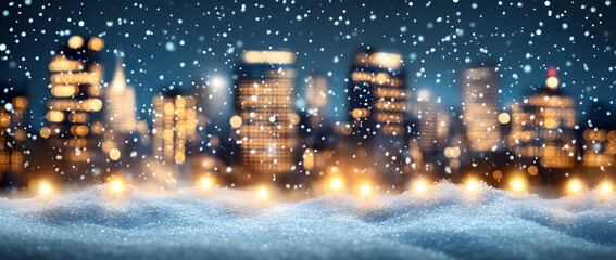Blurred bokeh lights and a sparkling white snow background with the night city lights in the blurry backdrop.