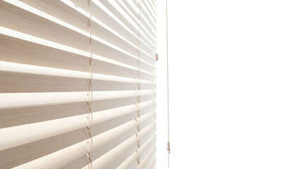 Close-up of light filtering through horizontal wooden blinds, casting shadows