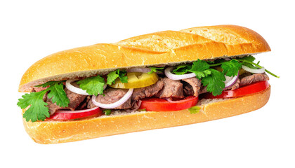Long bread sandwich filled with meat, veggies, and fresh herbs on a transparent background