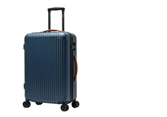 Fototapeta premium Midnight blue hardshell suitcase with ribbed texture, extended black handle, brown faux leather details, and spinner wheels, isolated on white background with copy space. Concept of modern travel